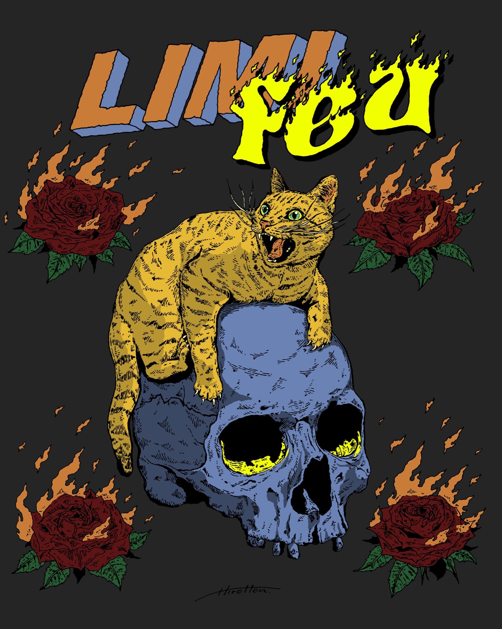 LIMI feu × HIROTTON collaboration artwork — a tabby cat on a skull surrounded by burning roses